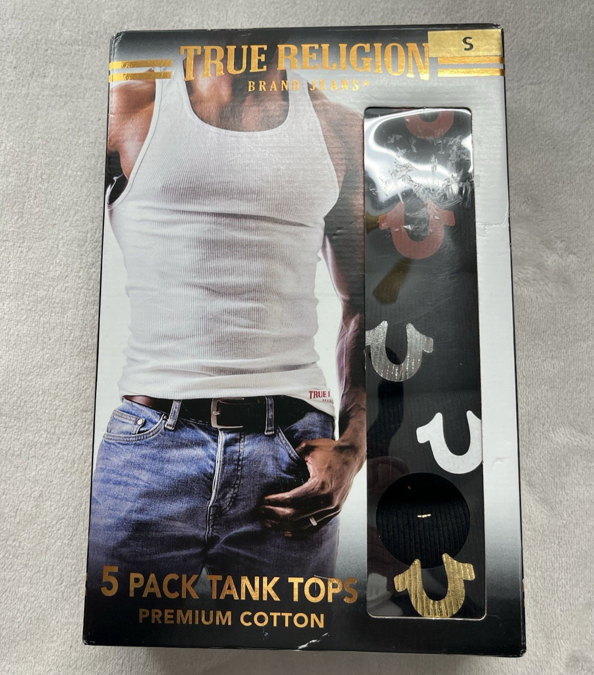 True Religion 5 Pack Tank Top Men Small 34-36 Black Ribbed Tag Free Horseshoe