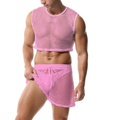 Men 2 Piece Set Fishnet Crop Tops Mesh See-Through Vests Undershirts With Shorts