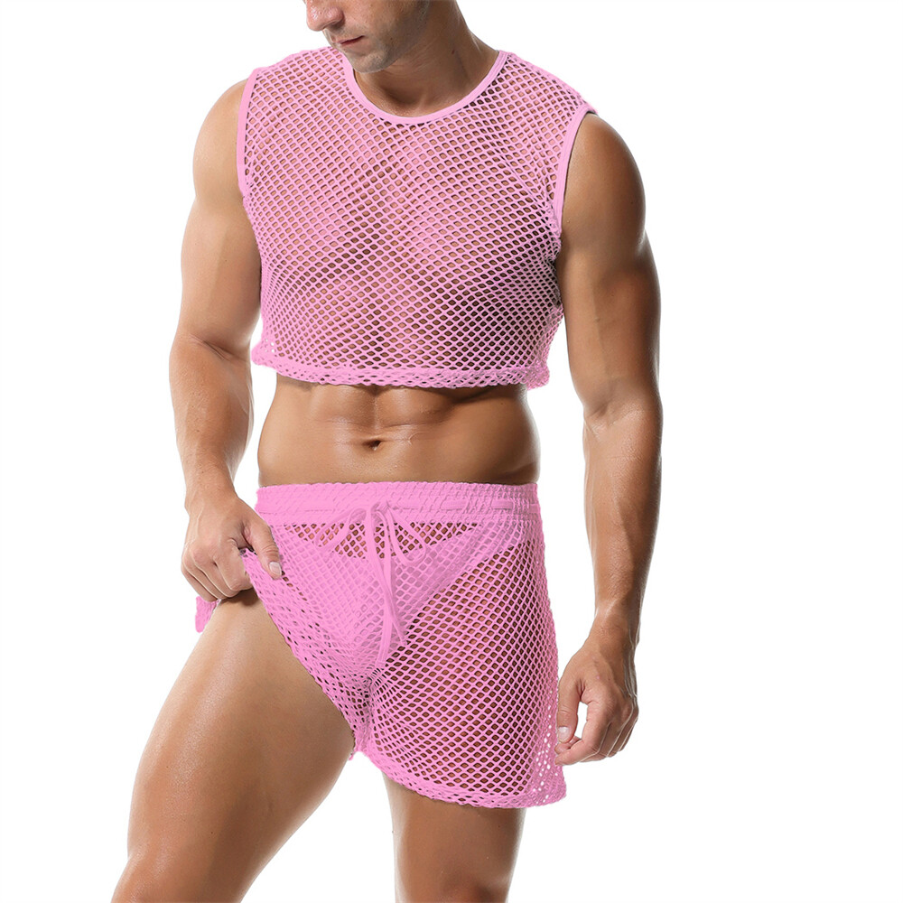 Men 2 Piece Set Fishnet Crop Tops Mesh See-Through Vests Undershirts With Shorts gallery