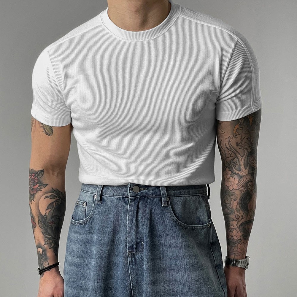 Men's Athletic Ribbed T-Shirt Short Sleeve Small High Collar Training Wear gallery