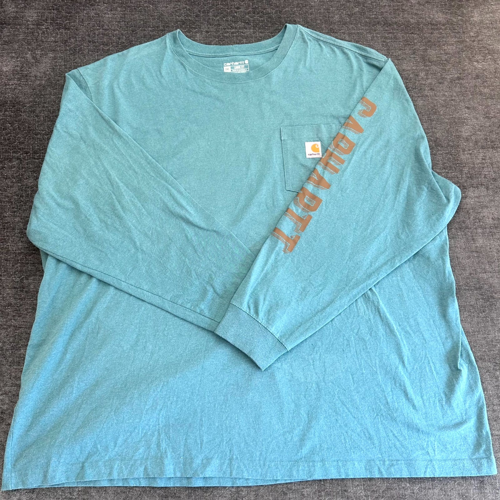 Carhartt Pocket T-Shirt Mens 3XL Teal Blue Spellout Logo Long Sleeve Loose Fit