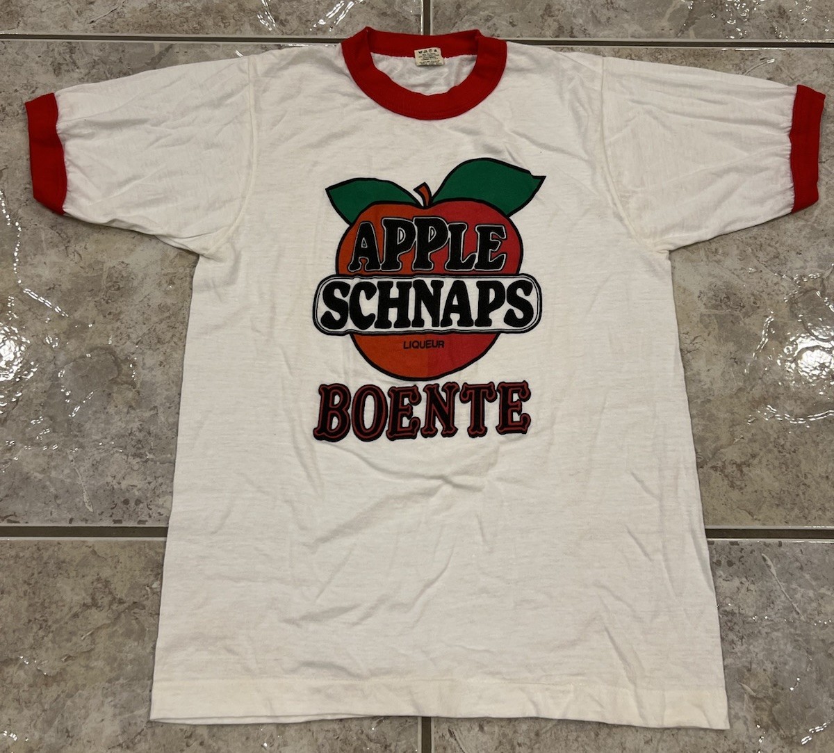 Vtg Adult XS/S Apple Schnapps Liqueur Boente Red White T-Shirt Ringer EXCELLENT gallery