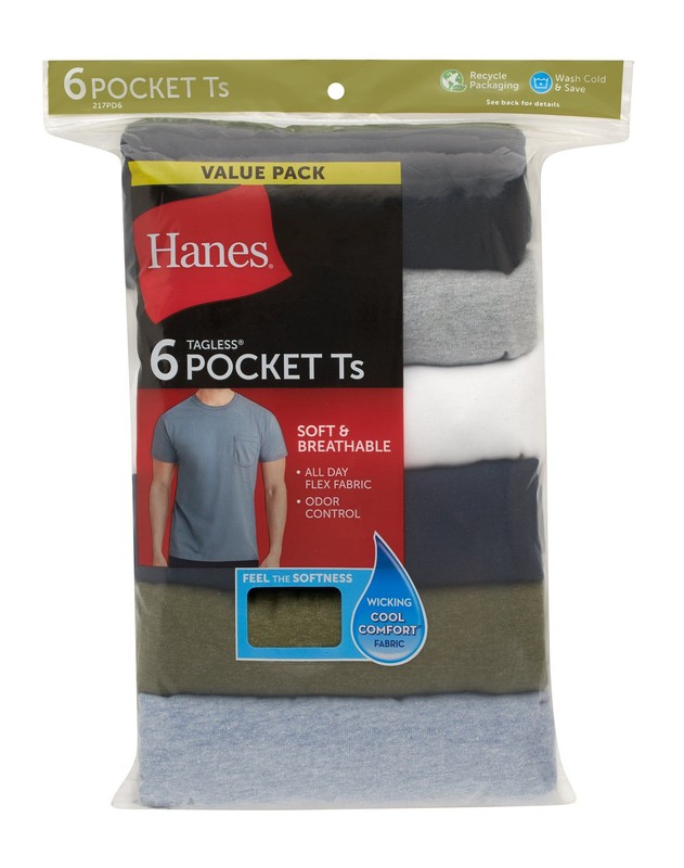 Hanes Men's Cotton Pocket T-Shirt, Moisture-Wicking with Odor Control, Assorted gallery