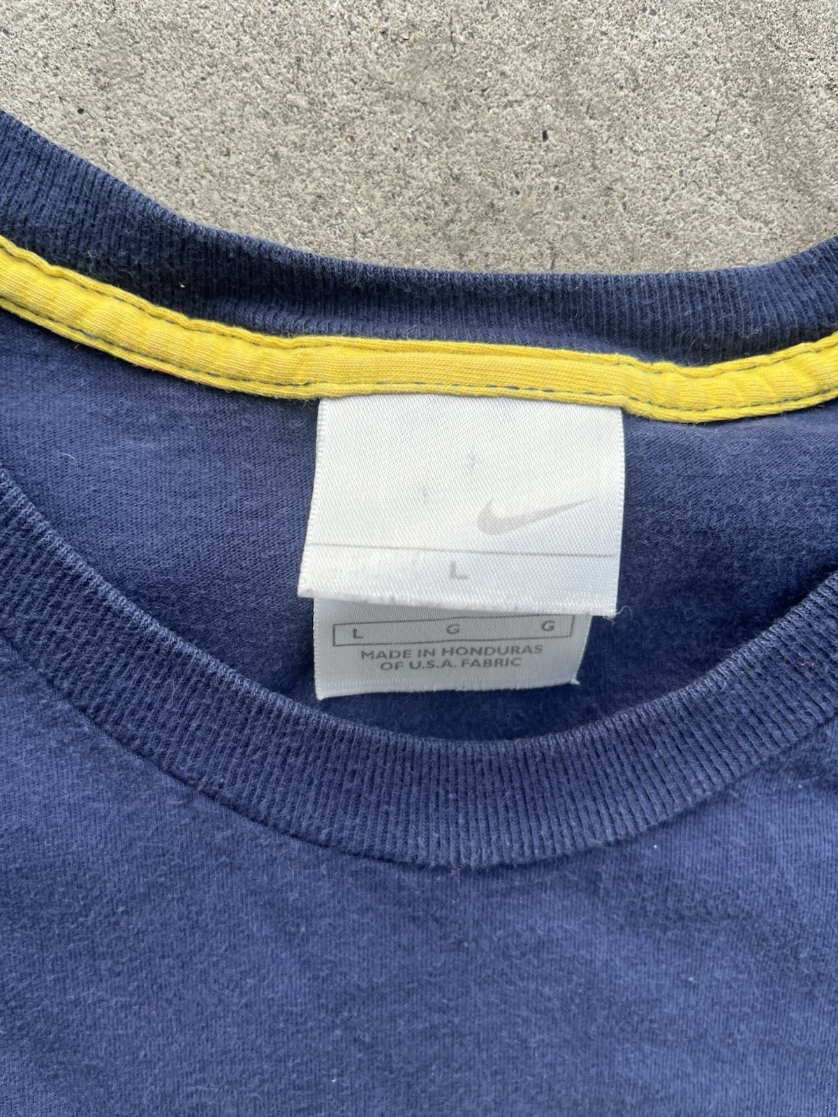 Vintage Nike Men's L Blue Yellow Cotton Knit Logo Crew Neck tee USA Fabric gallery