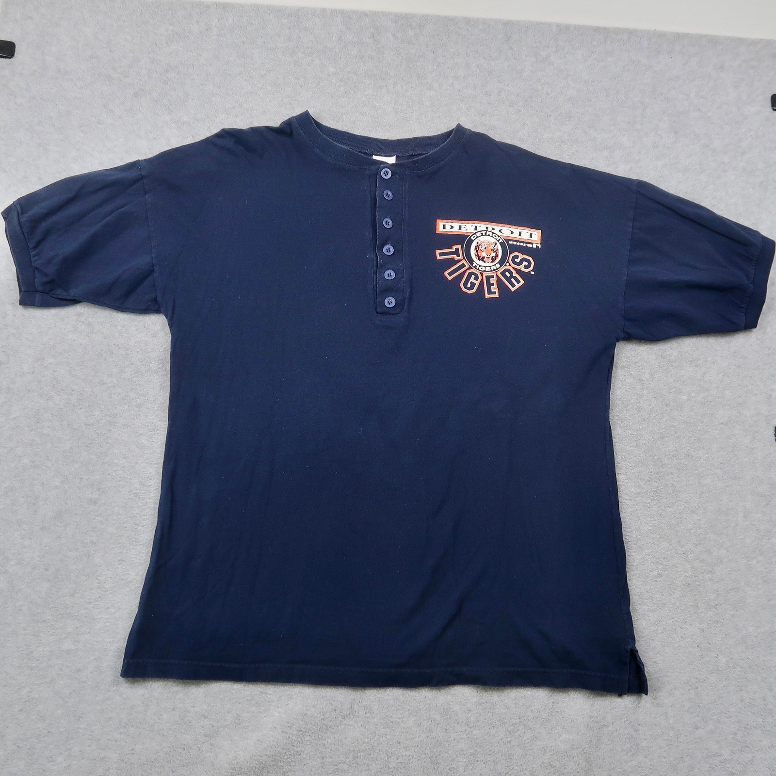 Vintage 1992 Detroit Tigers Henley Shirt Mens XL Navy Blue Artex MLB Made in USA