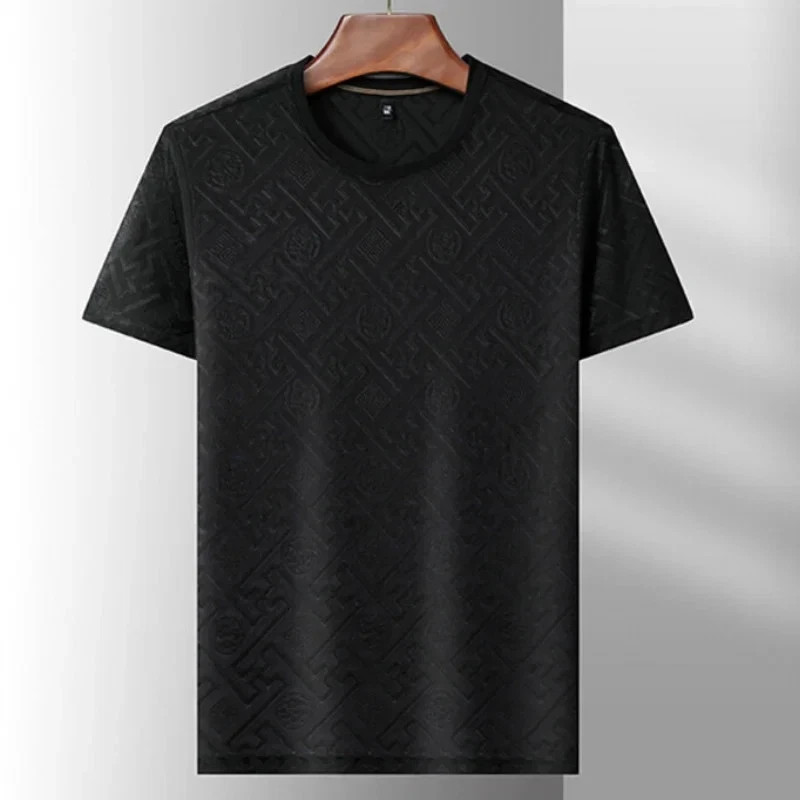 New Men’s Jacquard T-Shirt Casual Short Sleeve Round Neck Breathable Fashion TOP gallery
