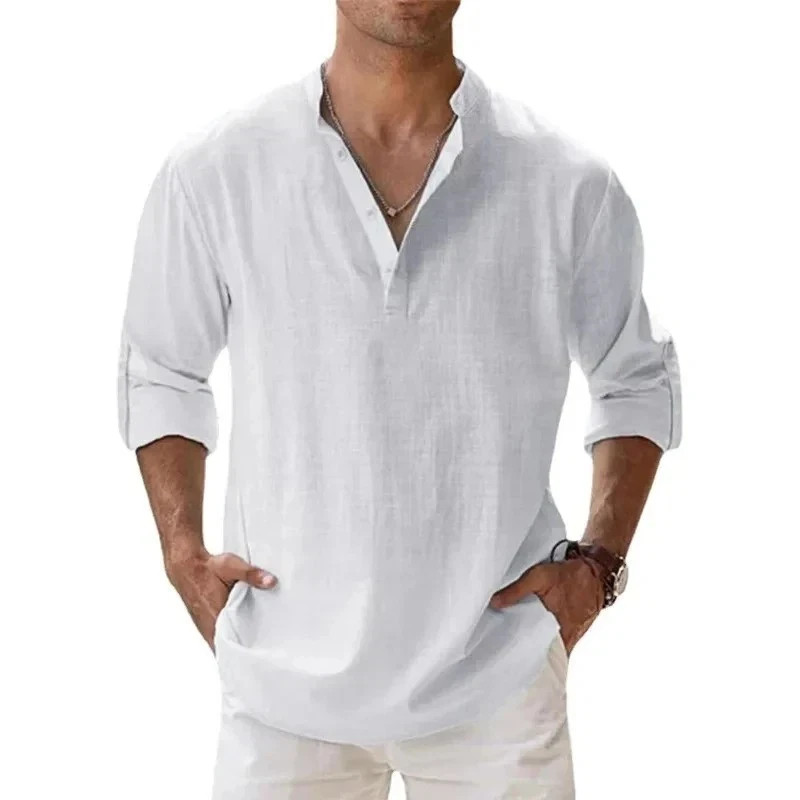 Men's Cotton Linen Henley Long Sleeve Shirt Casual Beach T-shirt Tee Summer Gift gallery