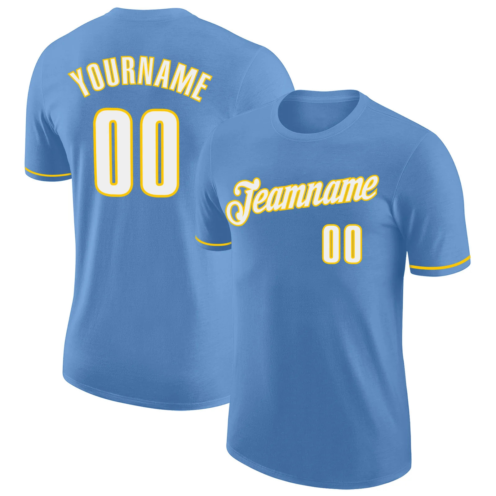 Custom Light Blue Gold Performance T-Shirt Personalized Team Jersey Gift for Men gallery