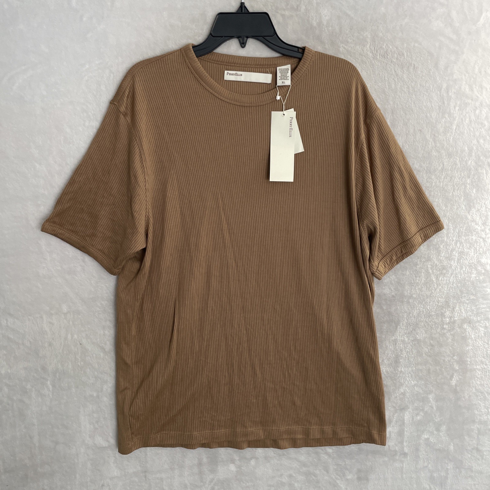 Perry Ellis Mens T Shirt Brown Grooved Stripe XL Rayon Cotton Crew Neck