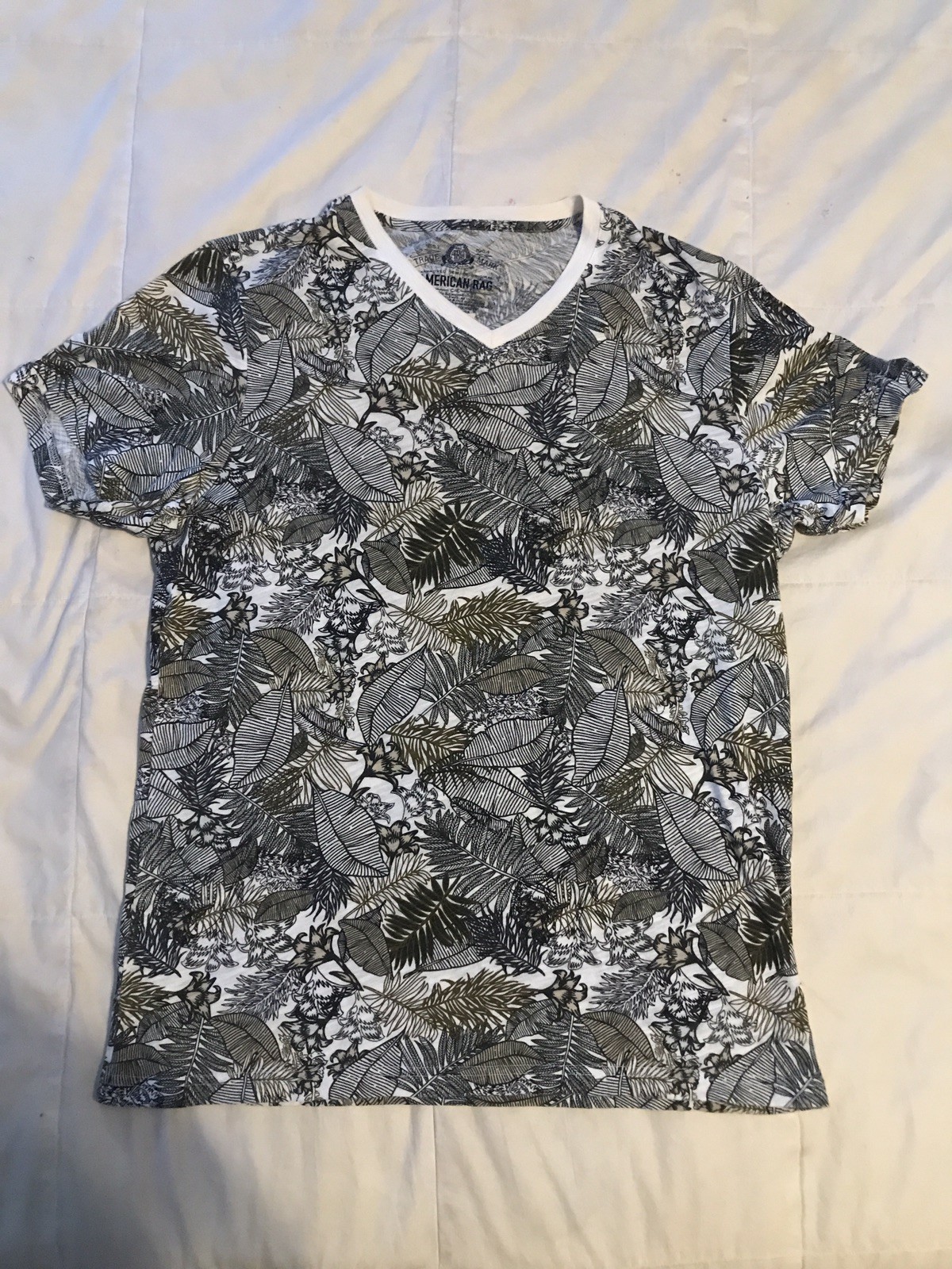 American Rag T-Shirt Mens Large Floral Palm Short-Sleeve Crew-Neck Cotton Blend