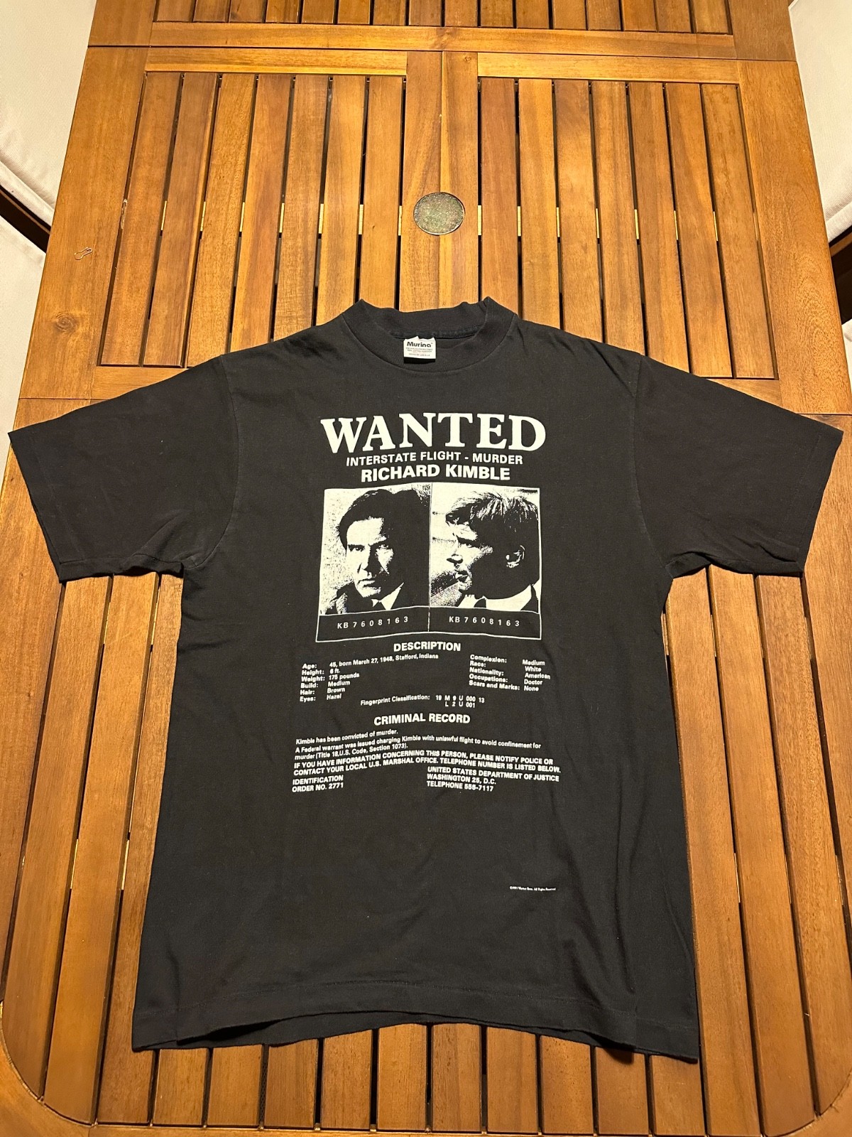 Vintage 1993 “The Fugitive” Movie Promo Richard Kimble Wanted Poster T shirt XL gallery