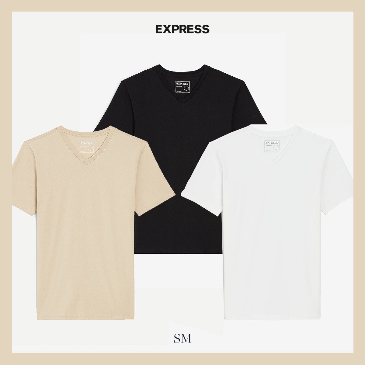 NWT – EXPRESS Men’s 3 Pack Slim Stretch V-Neck Neck T-Shirts Sand Black White S