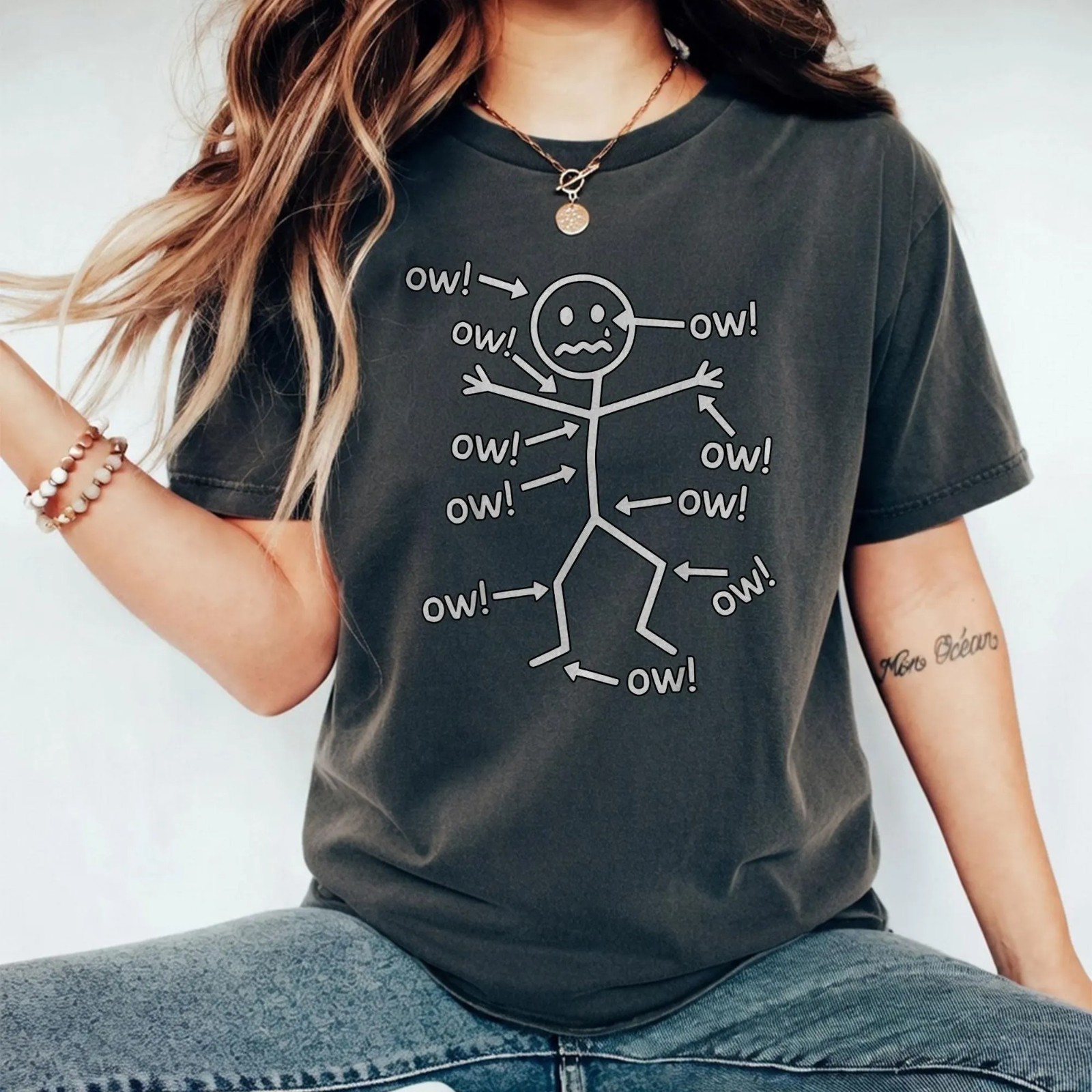 Ow Everywhere Stick Figure T-shirt, Body Hurts Ow Pain Meme T-Shirt gallery