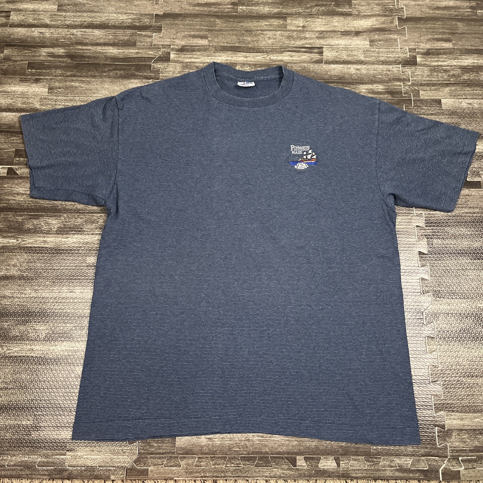 Vintage Plymouth Mass Souvenir Single Stitch Shirt XXL 2XL Blue Striped USA Made gallery