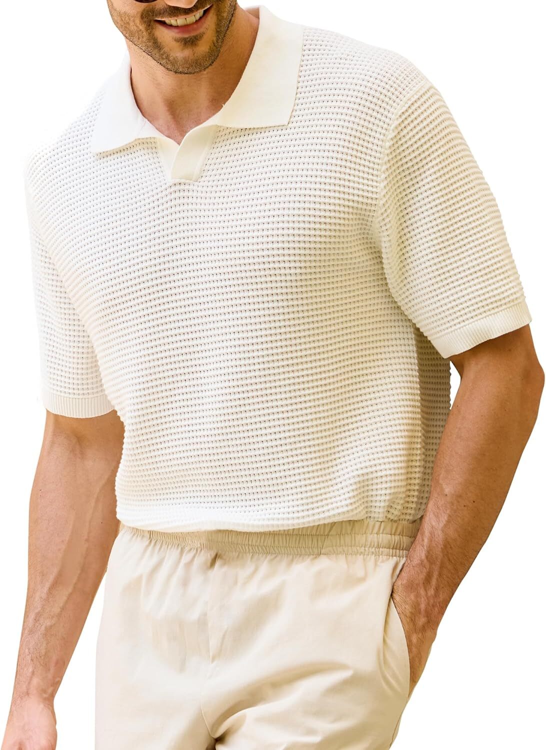 Men’s Cotton Knit Polo Shirt – Textured Short Sleeve – Casual Summer Beach Top
