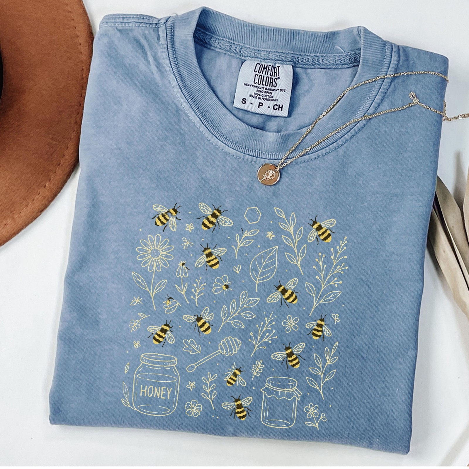 Comfort Colors Vintage Bee Botanical Shirt Honeycomb Doodle Shirt Unique Honey