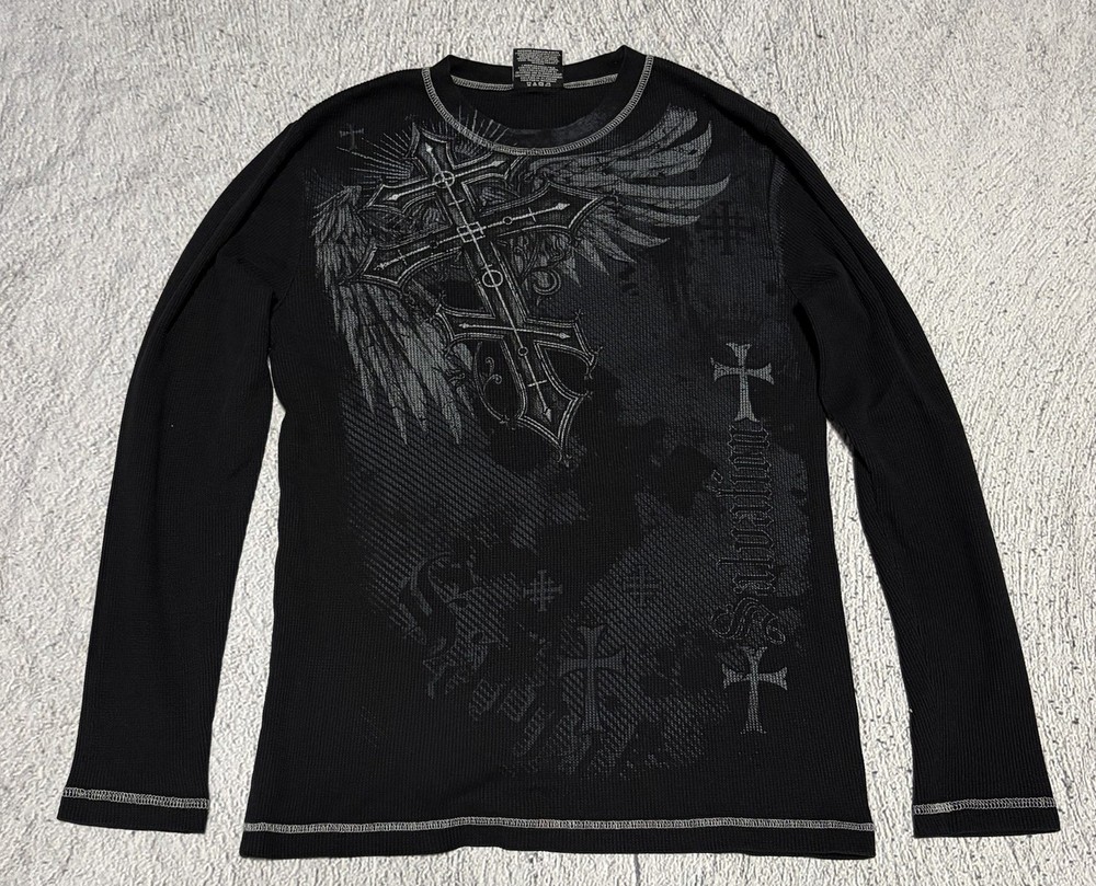 Vintage Y2K Boundaries Longsleeve Waffle Shirt Men Medium Cross Affliction Style