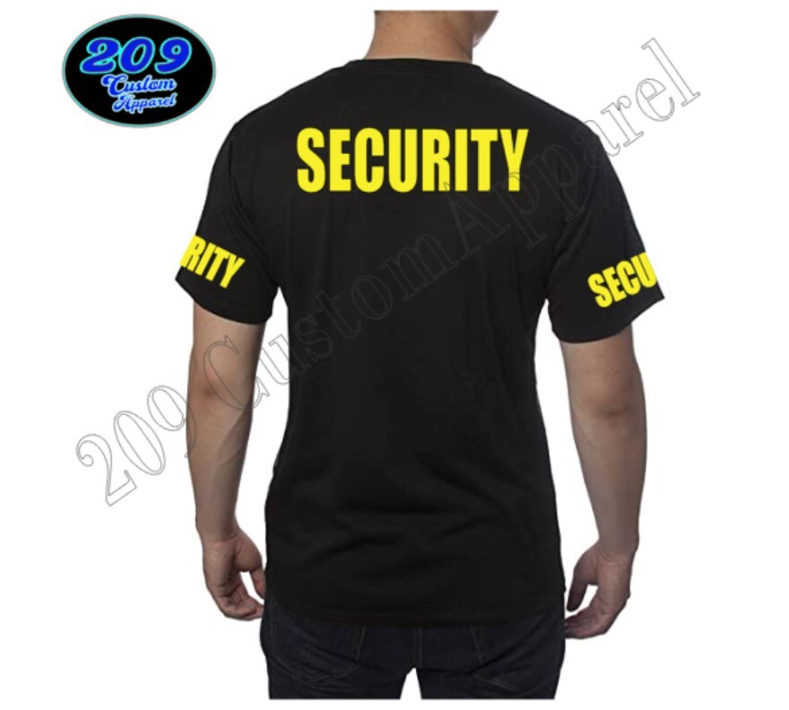 Security T-Shirt Black Tee Staff Club Event Uniform YELLOW Text Chest/Back/Arms gallery