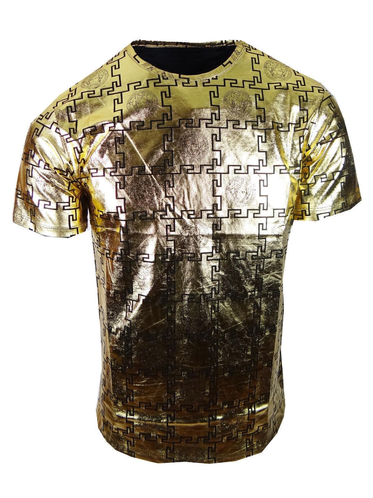 Mens T- Shirt Designer Italian Shiny Gold Print Slim Fit Stretch Casual Club gallery