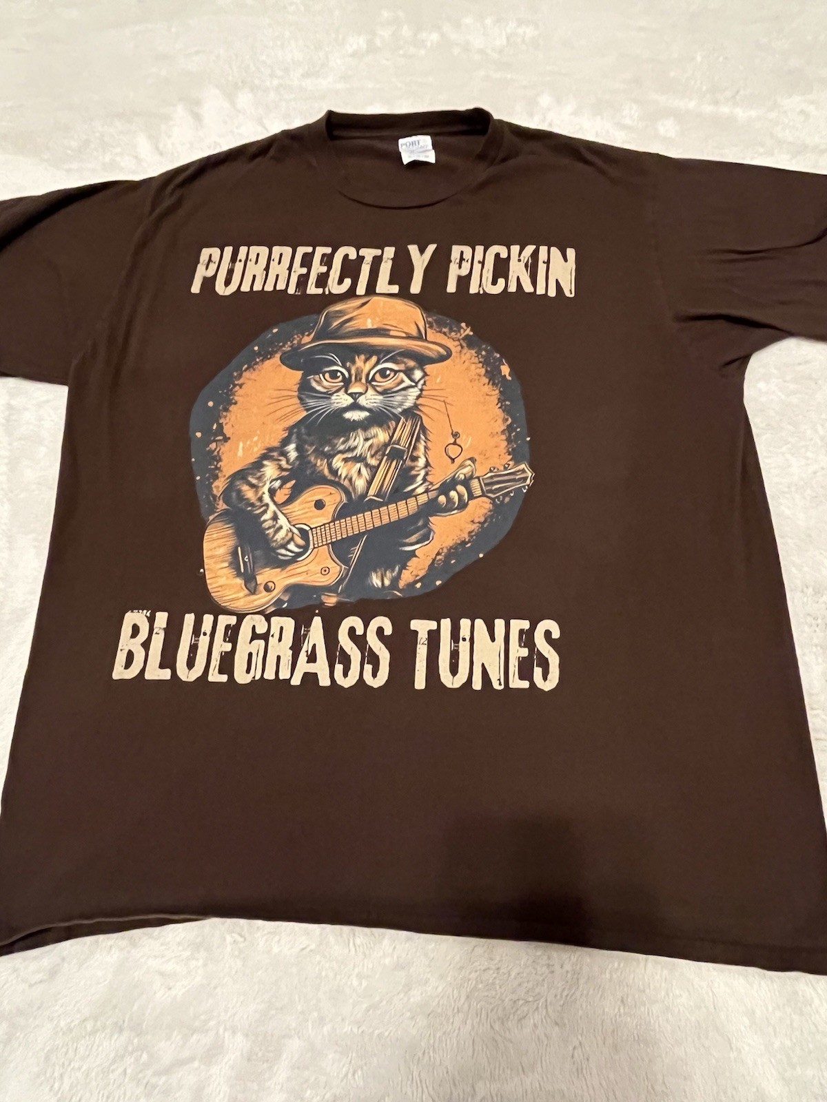 Bluegrass Music Cat Playing Guitar Funny T-shirt Size XL Brown