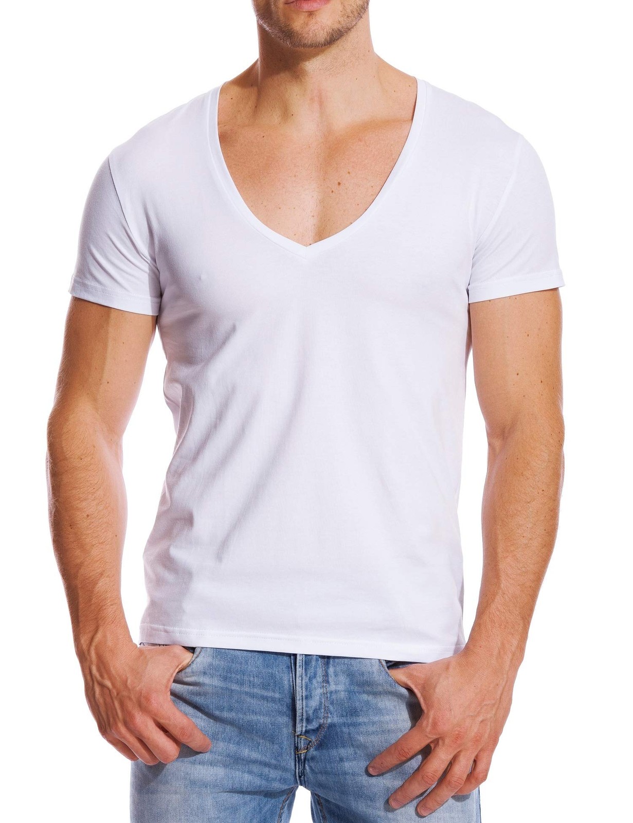 V Neck T Shirts Men Deep V Neck Tee Muscle Slim Fit Low Cut Undershirts White L gallery