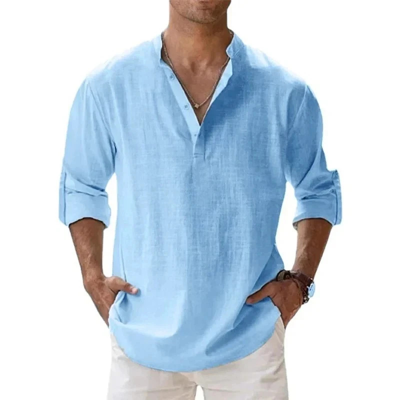 Men's Cotton Linen Henley Long Sleeve Shirt Casual Beach T-shirt Tee Summer Gift gallery