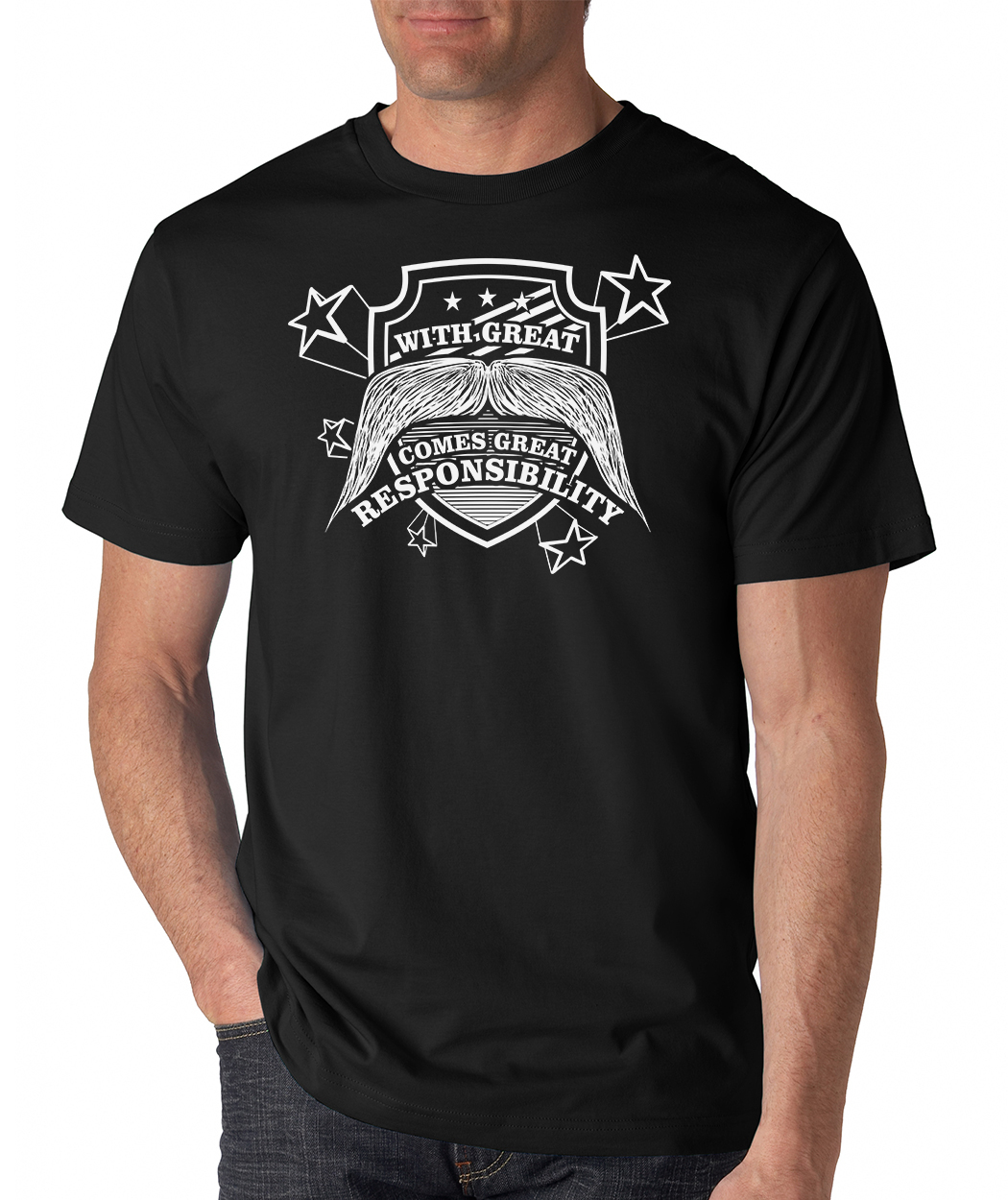 WITH GREAT MUSTACHE COMES GREAT RESPONSIBILITY funny beard hipster joke T-Shirt gallery