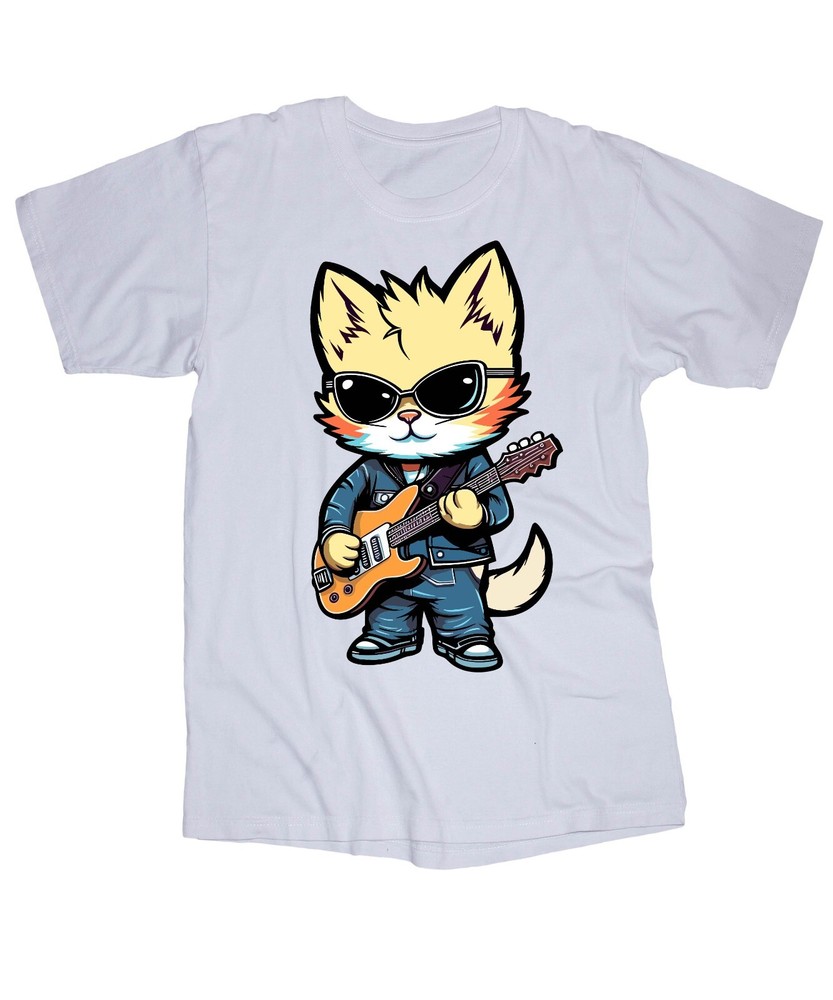 Kool Cat playing guitar white T-shirt Fun Cool Graphic Sunglasses Rock n Roll
