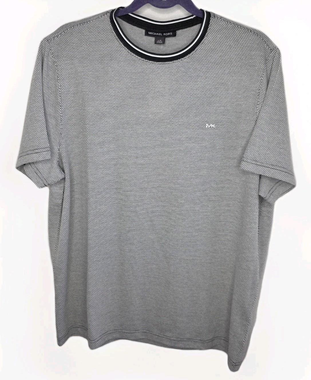 Men Large White/Blck Michael Kors SHRT SLV Ribbed Crew Neck Knitted T Shirt NWT gallery