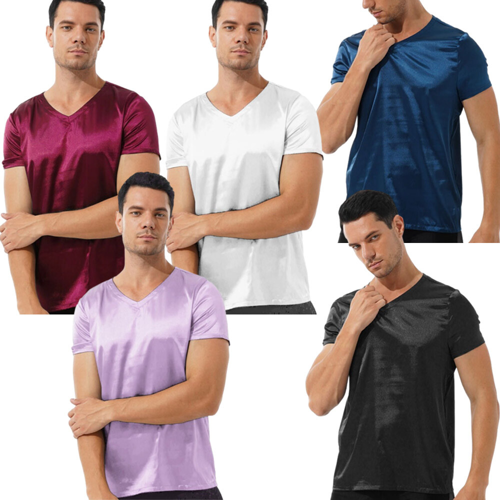 Mens Shiny Satin Sleep T-Shirt Short Sleeve V Neck Lounge Casual Top Blouses gallery