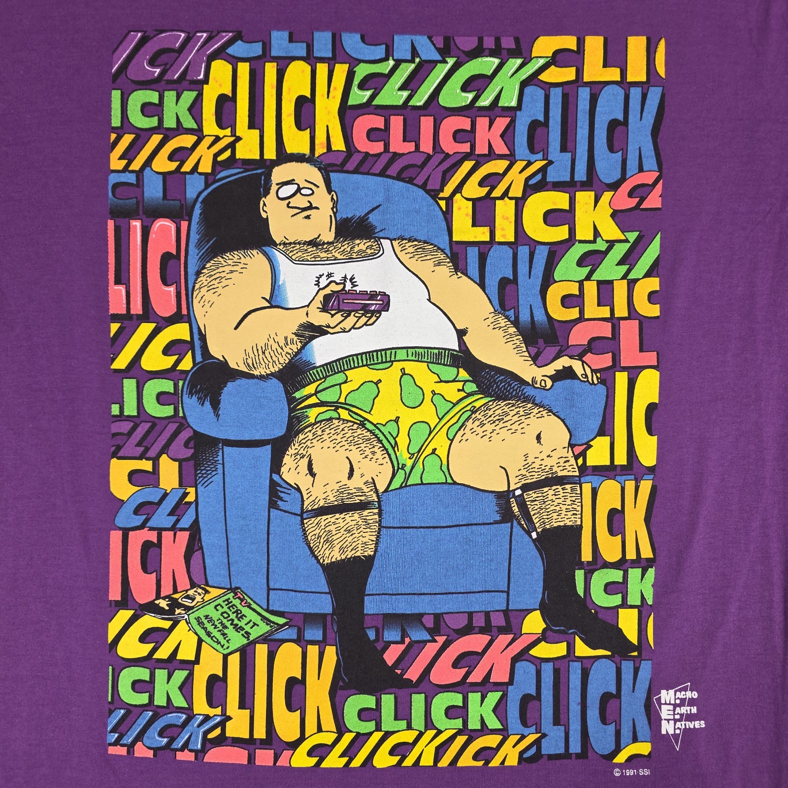 Vintage Cartoon Shirt Mens Large Purple Click Multicolor Spellout Couch TV Thin gallery