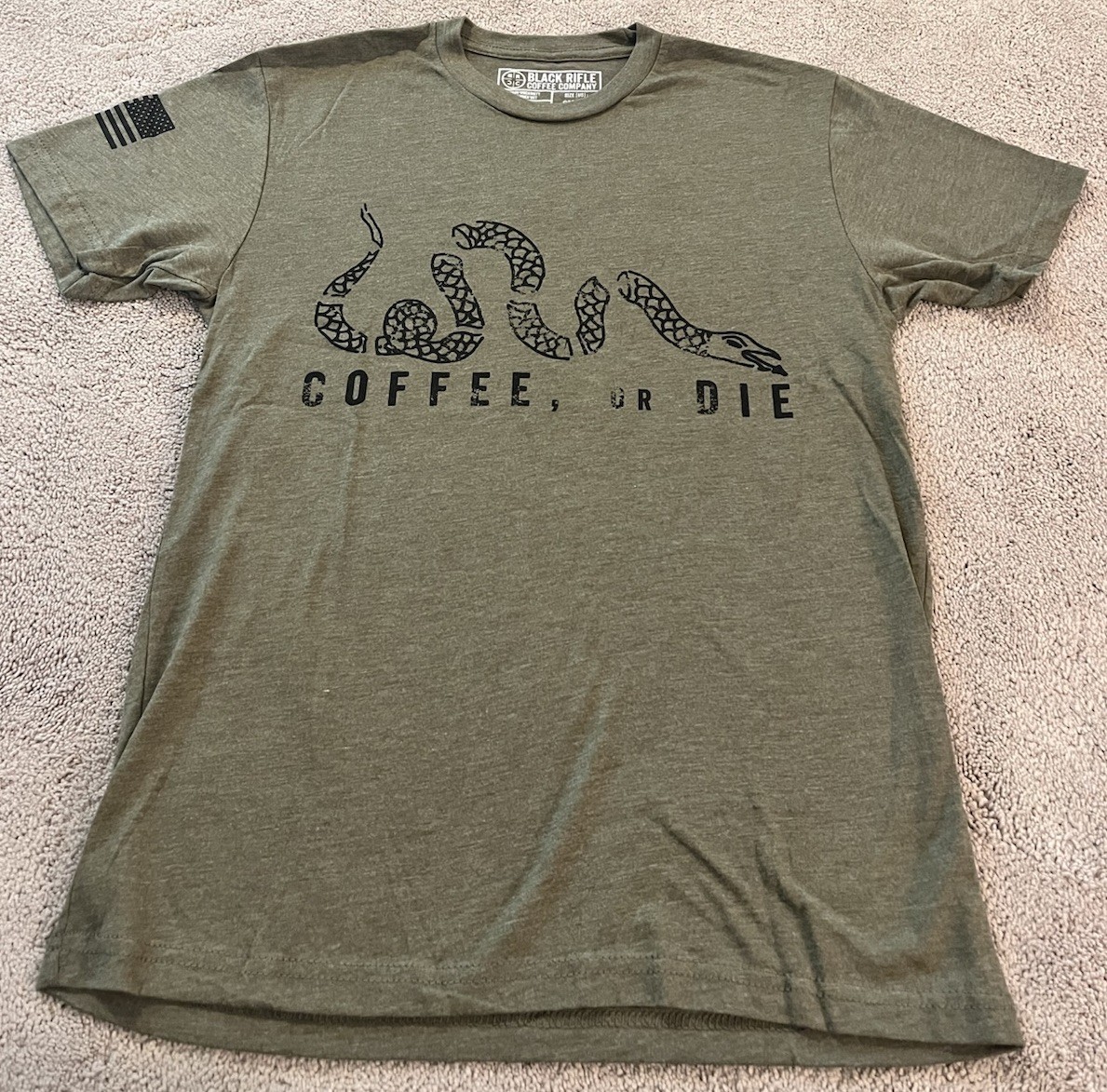 Coffee or Die Snake Black Rifle Coffee Company Olive T Shirt Men’s Small