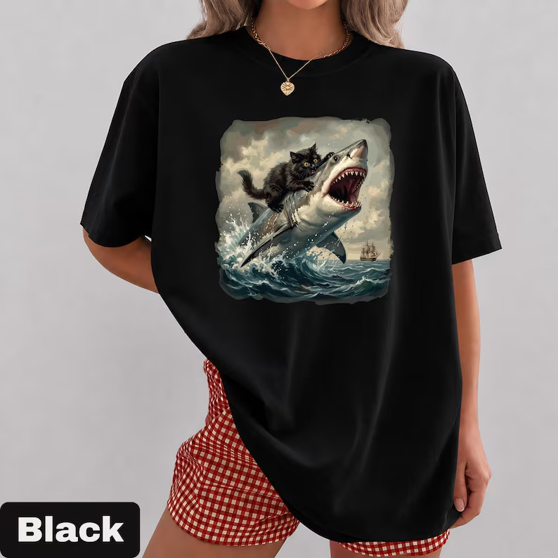 Black Cat Biting Shark Shirt, Funny Cat Lover Tshirt, Epic Graphic Tee