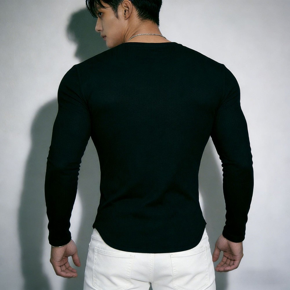 V Neck Long Sleeve Elastic Tee Top for Men Polyester Spandex Workout Streetwear gallery