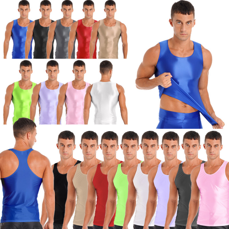 Men Glossy Tank Tops Sleeveless T-Shirt Swim Gym Fitness Workout Vest Sportswear