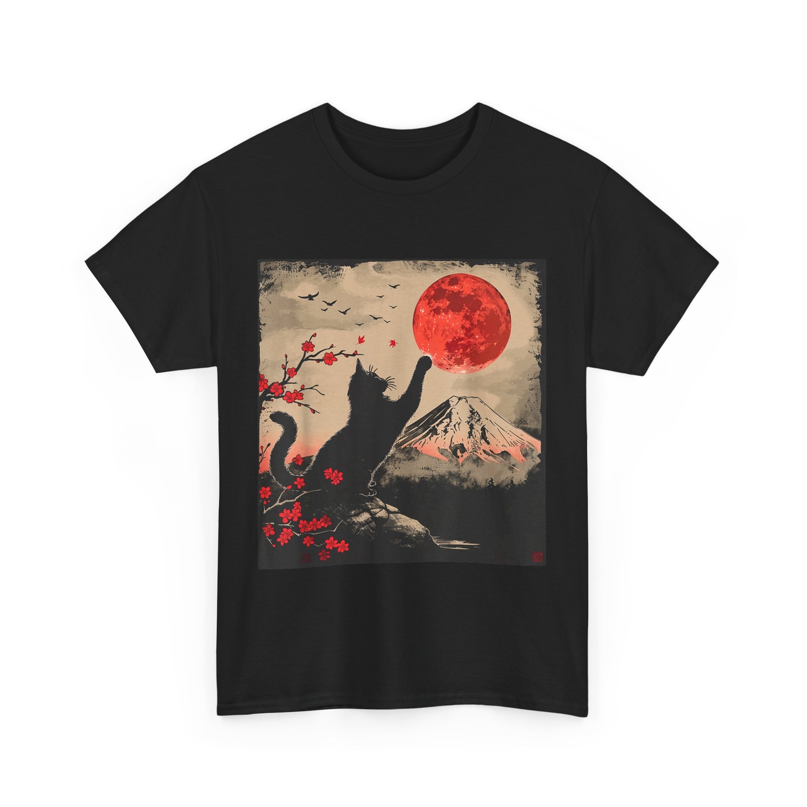 HOT Vintage Japan Art Japanese Theme Retro Print Black Cat T-Shirt gallery