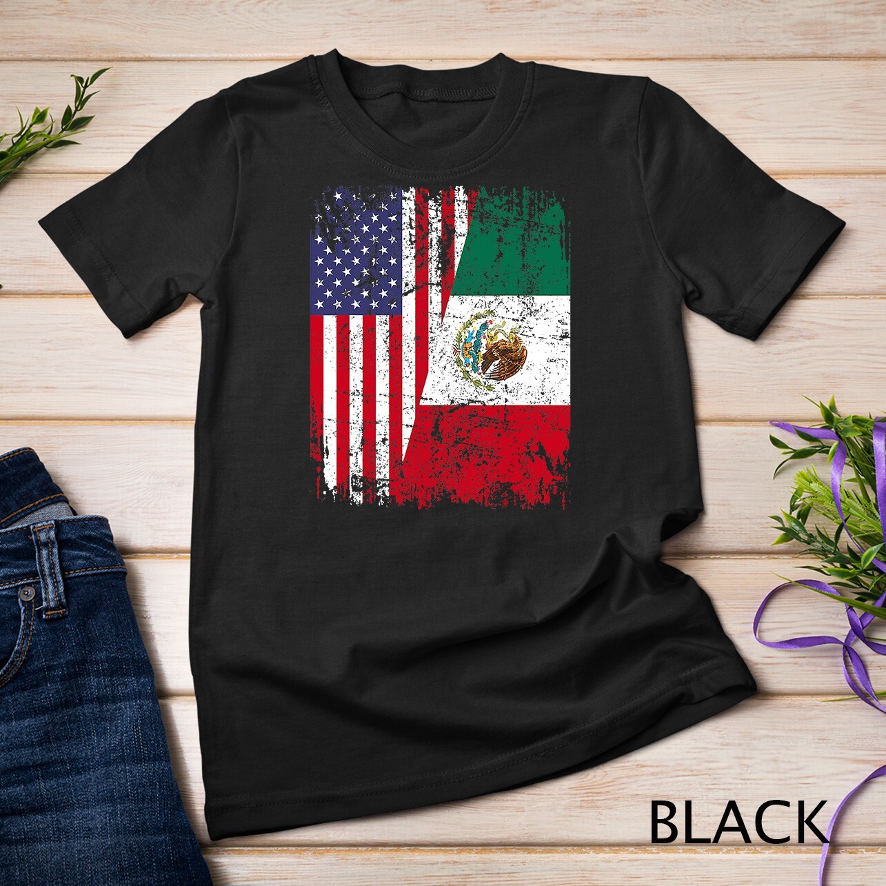 MEXICAN ROOTS TSHIRT Half American Flag MEXICO SHIRT Unisex T-shirt gallery