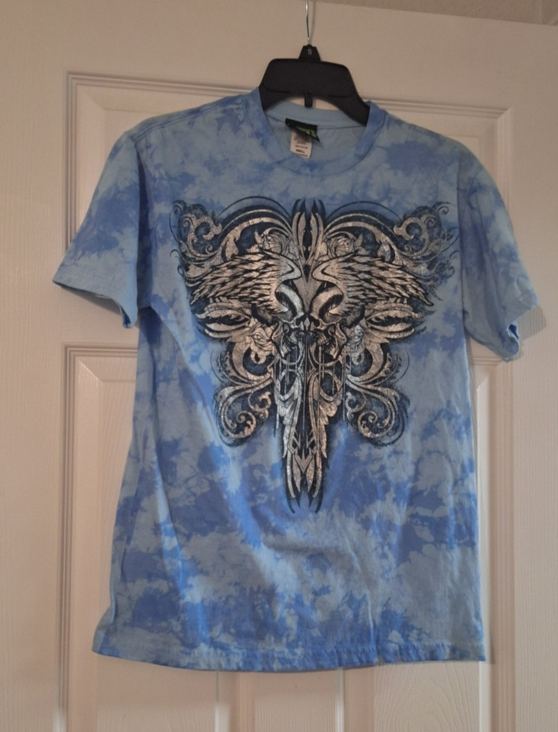 FSD Four Seasons Design Vintage T-shirt 2 skullsBlue with silver size small 90s gallery