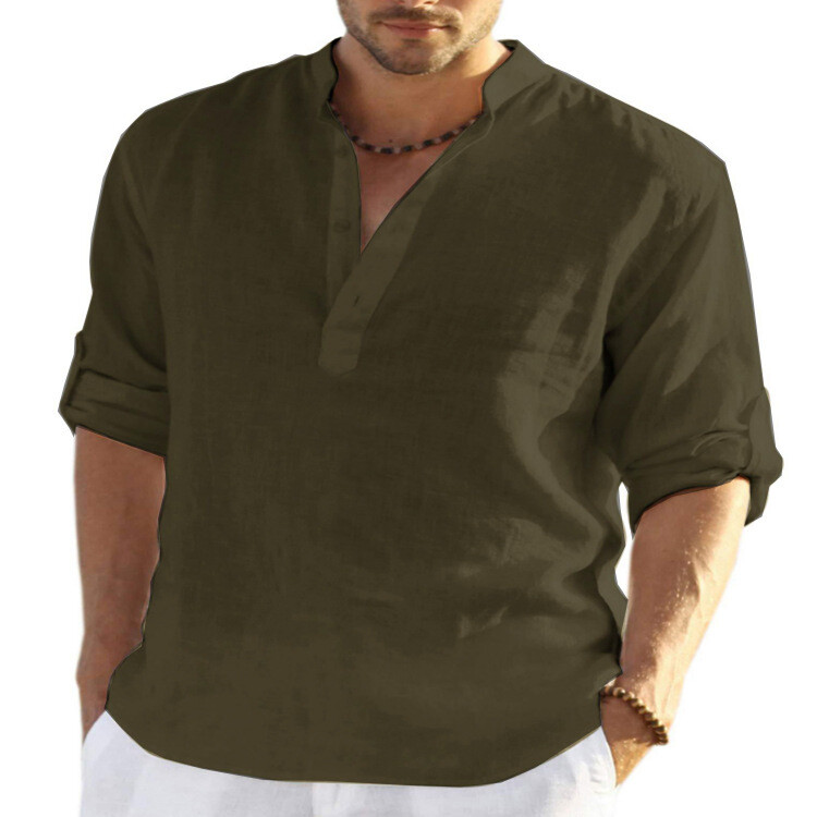 Mens Cotton Linen Long Sleeve Shirt Solid Loose Blouse Button Down Tops T Shirt gallery