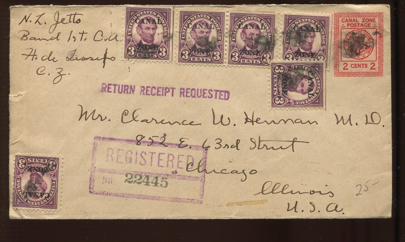 CANAL ZONE U9 UPRATED WITH 85’s ON 20 CENT RATE REGISTERED COVER LV4796