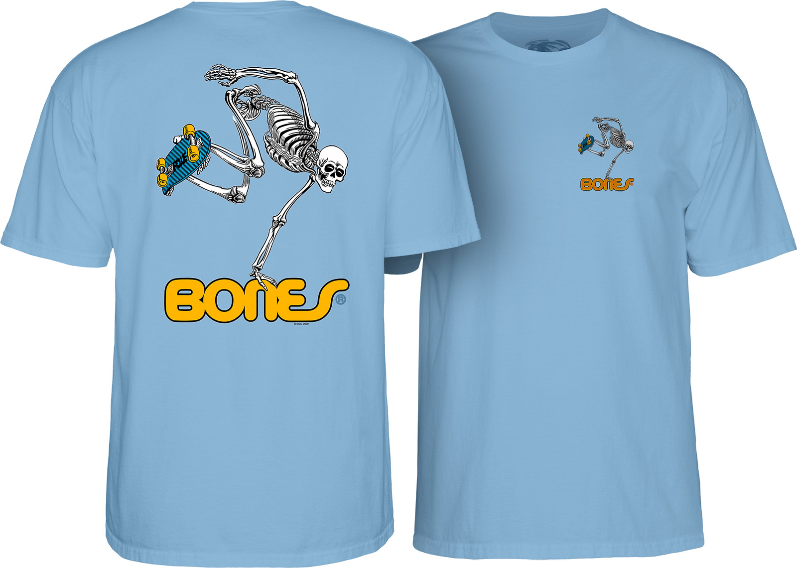 Powell Peralta BONES SKATEBOARDING SKELETON Skateboard T Shirt BABY BLUE