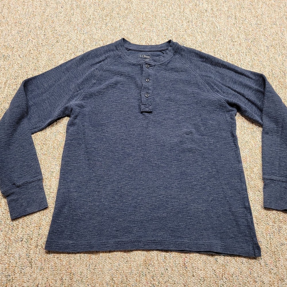 LL Bean Sweater Men Medium Blue Henley Slightly Fitted Knit Long Sleeve Pullover