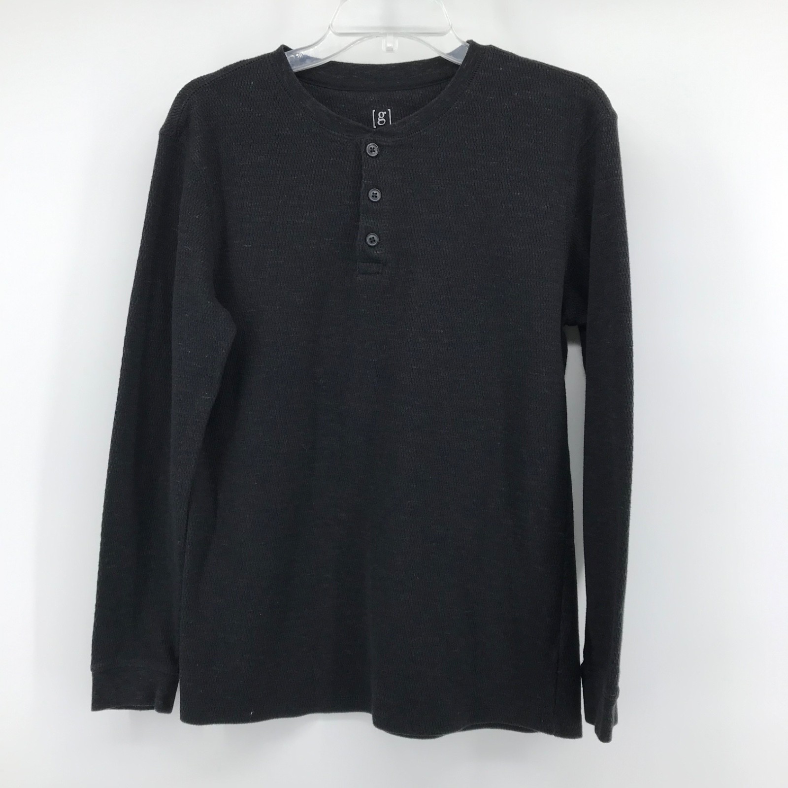 Thermal Henley Shirt Men Medium Black Waffle Knit 3 Button Collar Layer Pullover