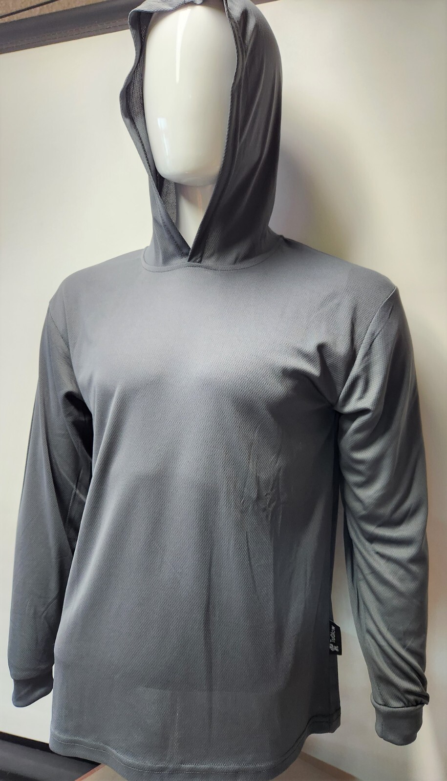 Gray Long Sleeve Shirt With Hoodie, Polyester birdeye mesh fabric gallery
