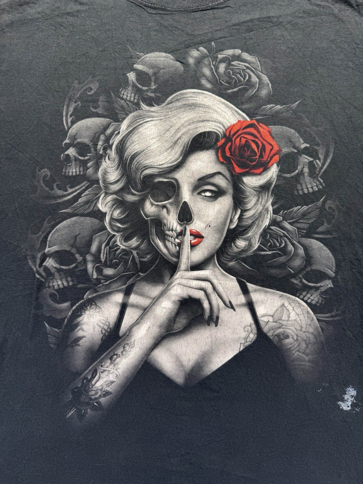 Gothic Skull Woman Black Tee tattoo rose graphic shirt ADULT L missing tag gallery