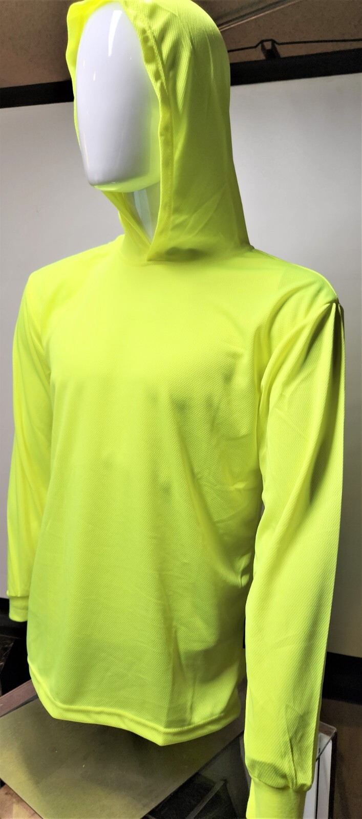 Neon Yellow Long Sleeve Shirt With Hoodie, Polyester birdeye mesh fabric gallery