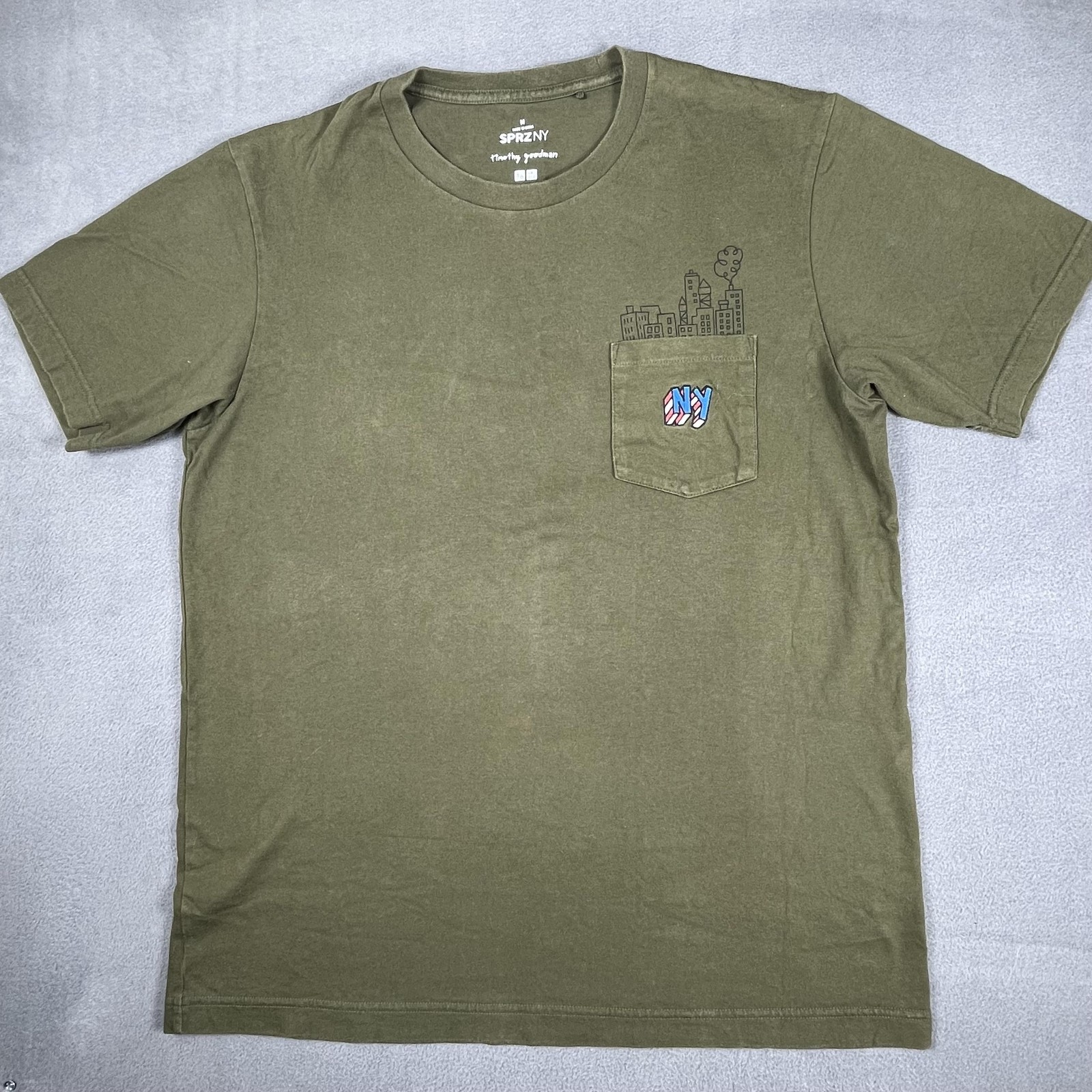 Uniqlo SPRZ NY Timothy Goodman Shirt Mens Medium Olive Graphic Pocket NYC Map gallery