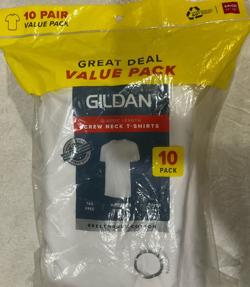 Gildan Men’s 10 Pack Short Sleeve Crew T-Shirt Tag-Free White Size Small NEW