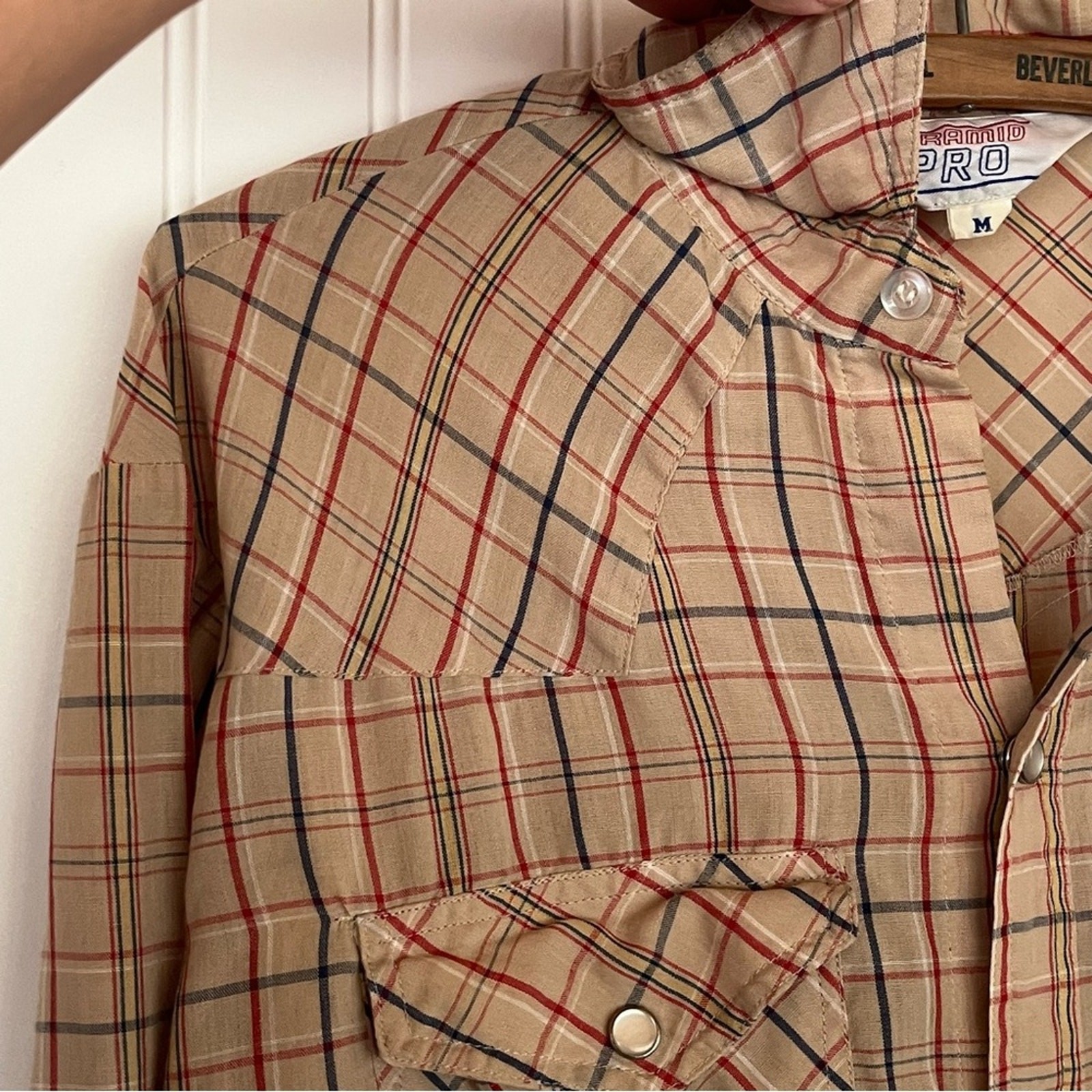 Vintage Men's Western Shirt Neutral Plaid Pearl Snaps Button Down Medium Rodeo gallery