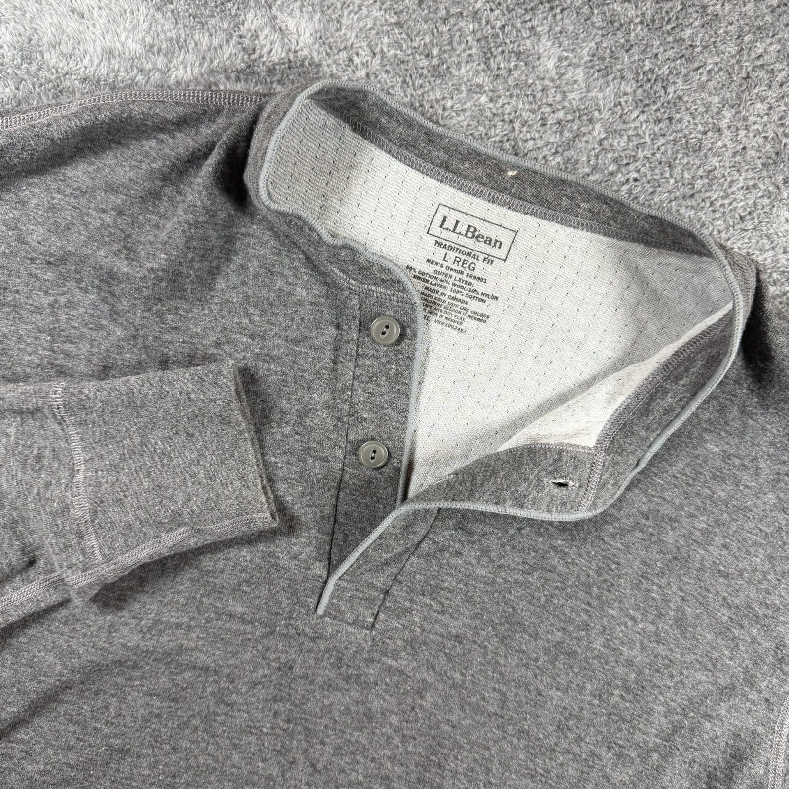 L.L. Bean Henley Shirt Mens Large Gray Wool Blend Double Layer River Driver gallery